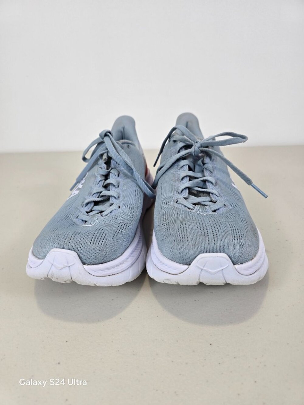 Hoka one Mach 4 running shoes in gray/blue, orange colorway men's size 9.5D